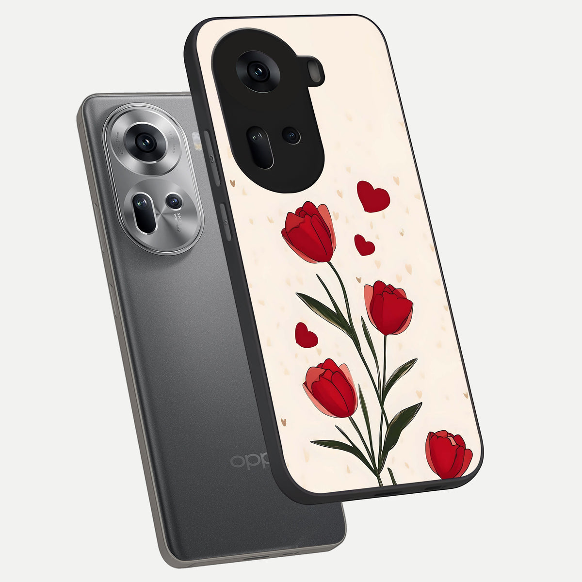 Tulip With Heart phone case For Oppo Reno 11 5G showing premium glass back cover with detailed artwork