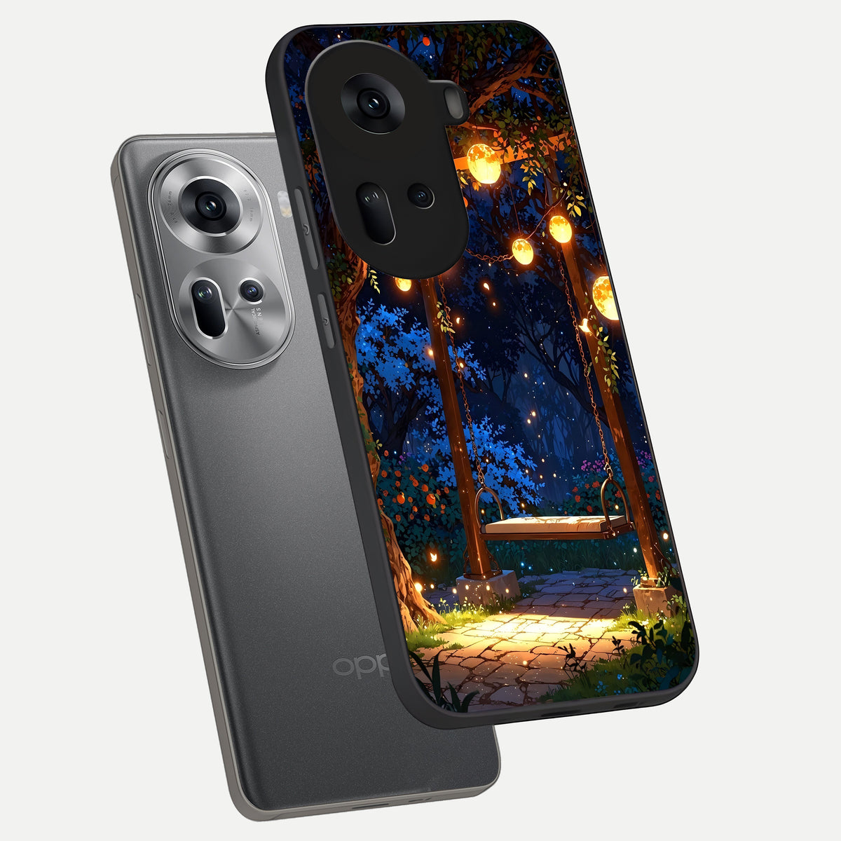 Twilight Garden Swing phone case For Oppo Reno 11 5G showing premium glass back cover with detailed artwork