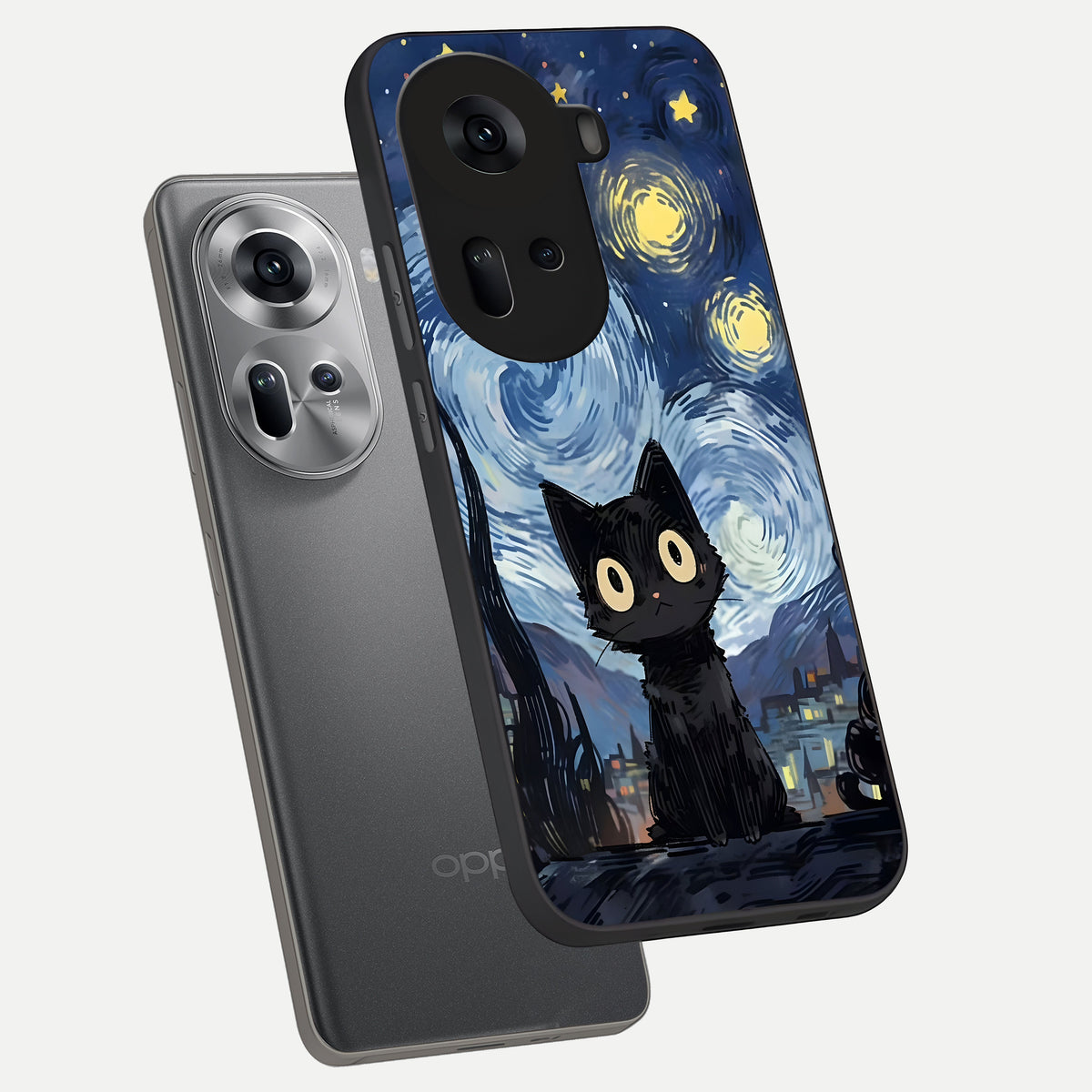  Van Gogh Cat phone case For Oppo Reno 11 5G showing premium glass back cover with detailed artwork
