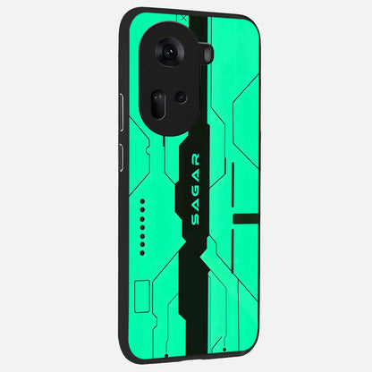  Aqua Tech CYBERPUNK Custom Name back cover For Oppo Reno 11 5G slim fit glass case with vibrant aesthetic design