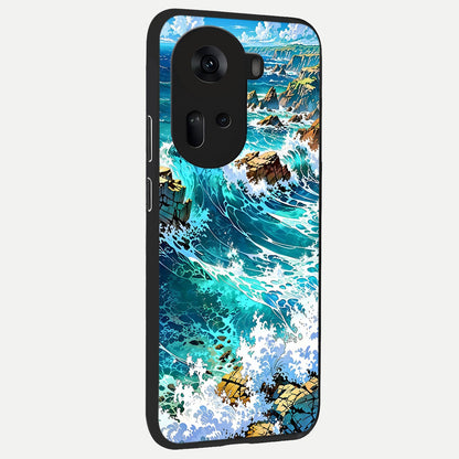  Coastal Blue Waves back cover For Oppo Reno 11 5G slim fit glass case with vibrant aesthetic design