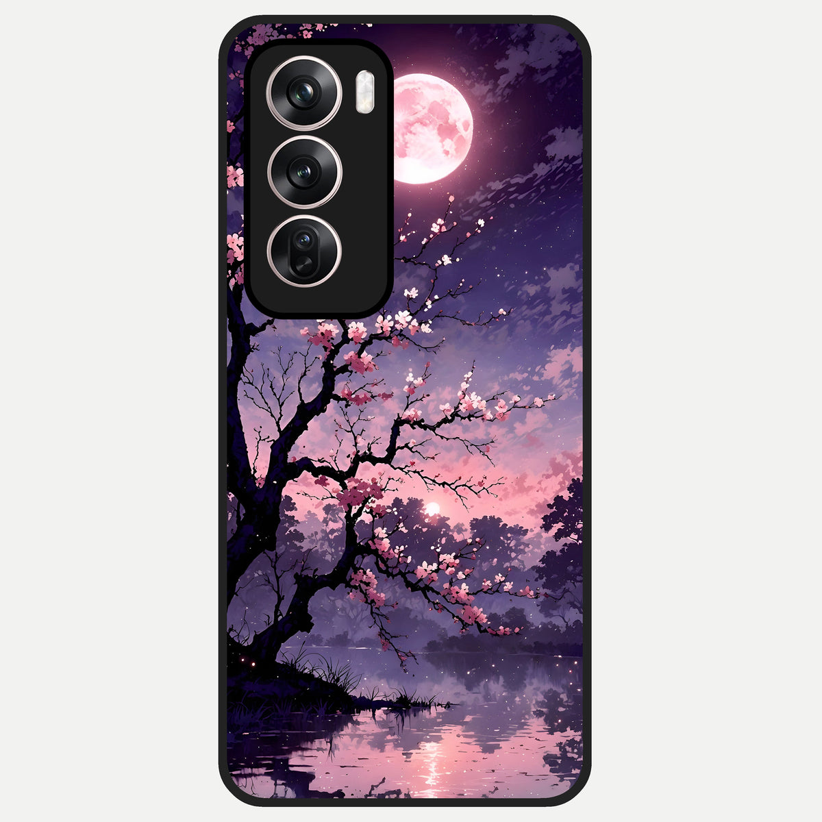  Blossom Pink Moon Glass Case For Oppo Reno 12 Pro back cover – full design glossy printed glass finish