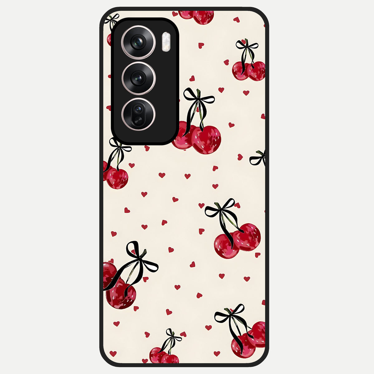  Cherry Heart Bow Glass Case For Oppo Reno 12 Pro back cover – full design glossy printed glass finish