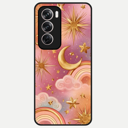  Golden Celestial Dreams Glass Case For Oppo Reno 12 Pro back cover – full design glossy printed glass finish