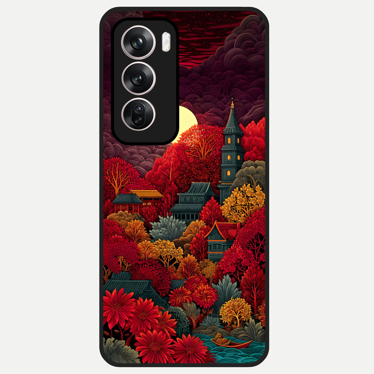  Scarlet Autumn Temple Glass Case For Oppo Reno 12 Pro back cover – full design glossy printed glass finish