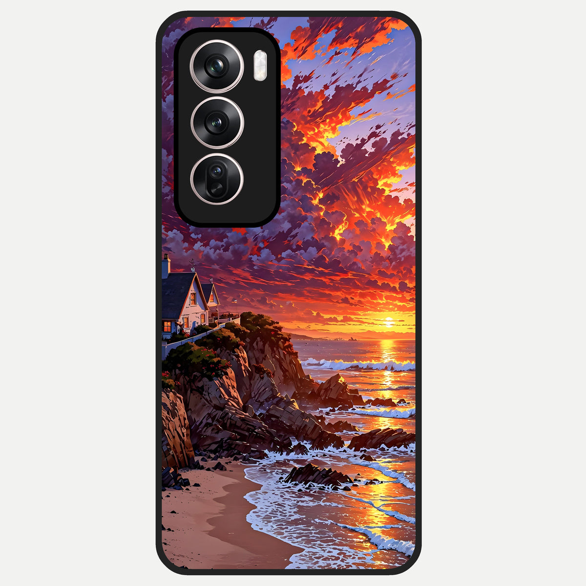  Sunset House By Sea Glass Case For Oppo Reno 12 Pro back cover – full design glossy printed glass finish