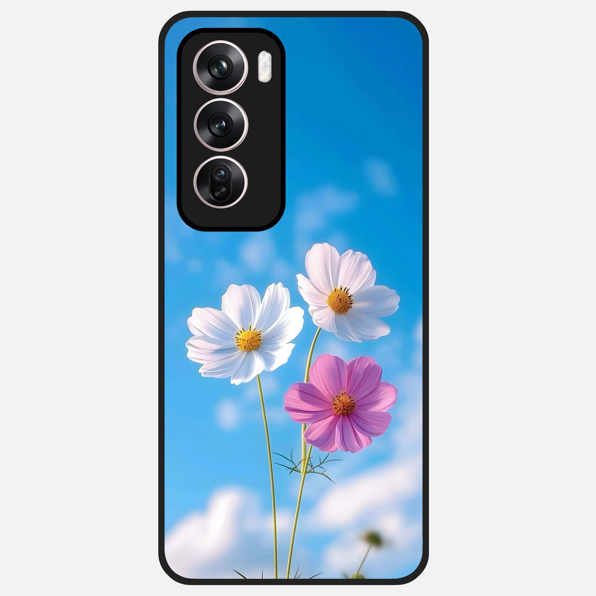  Tripple Flowers With Sky Glass Case For Oppo Reno 12 Pro back cover – full design glossy printed glass finish