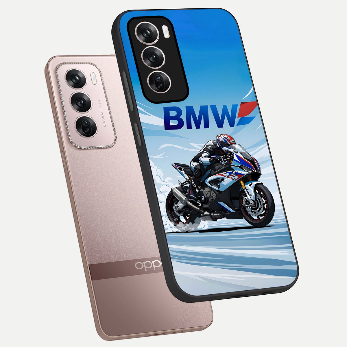  BMW Power Drift phone case For Oppo Reno 12 Pro showing premium glass back cover with detailed artwork