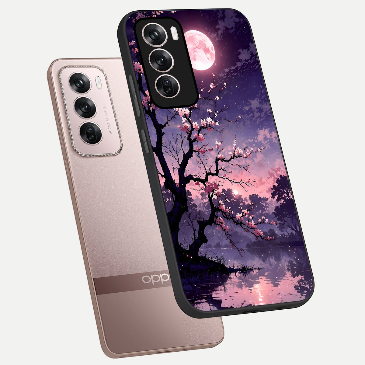  Blossom Pink Moon phone case For Oppo Reno 12 Pro showing premium glass back cover with detailed artwork