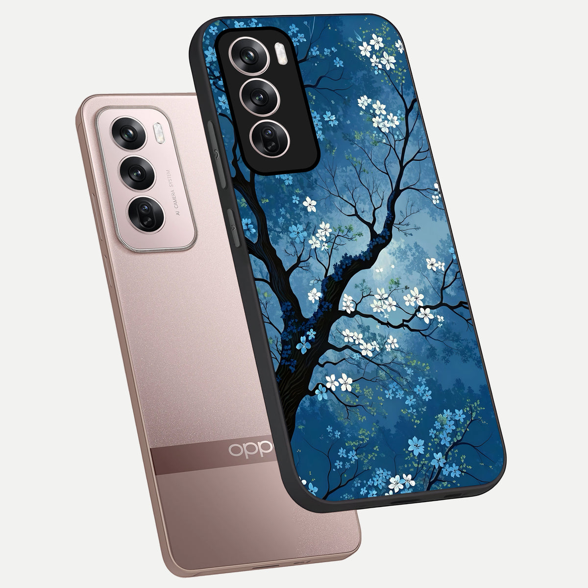  Blue Tree Serenity phone case For Oppo Reno 12 Pro showing premium glass back cover with detailed artwork