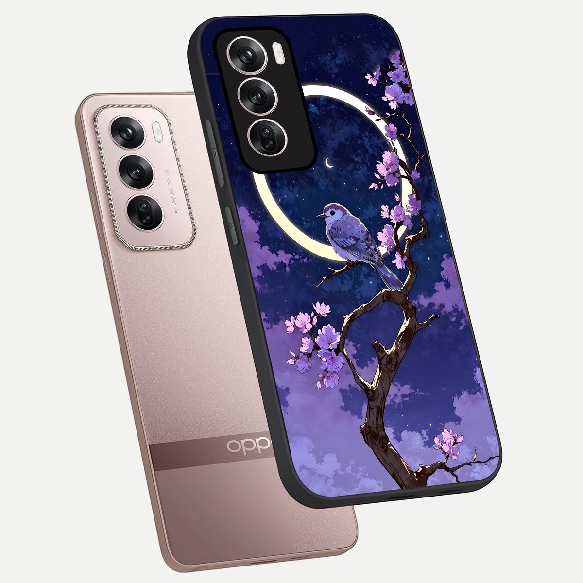  Celestial Bird Blossom phone case For Oppo Reno 12 Pro showing premium glass back cover with detailed artwork