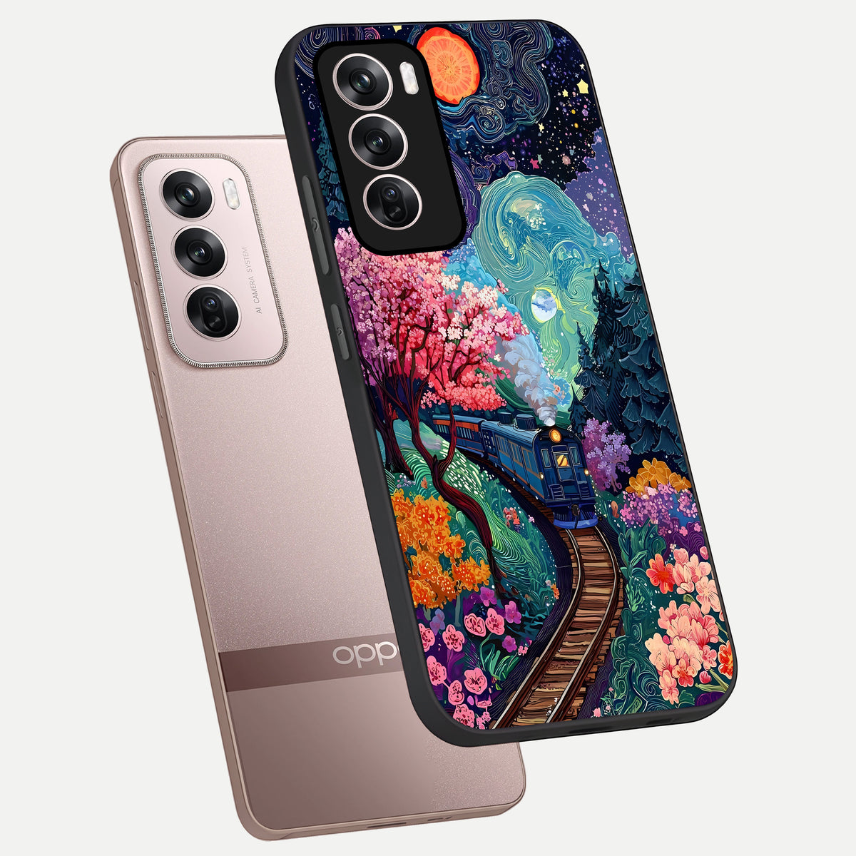  Celestial Train Journey phone case For Oppo Reno 12 Pro showing premium glass back cover with detailed artwork