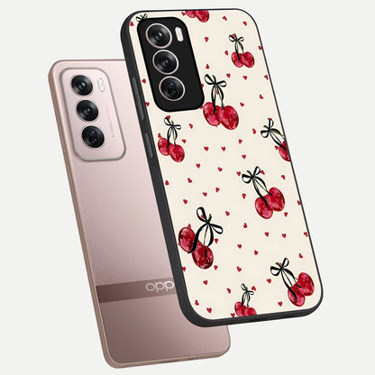  Cherry Heart Bow phone case For Oppo Reno 12 Pro showing premium glass back cover with detailed artwork