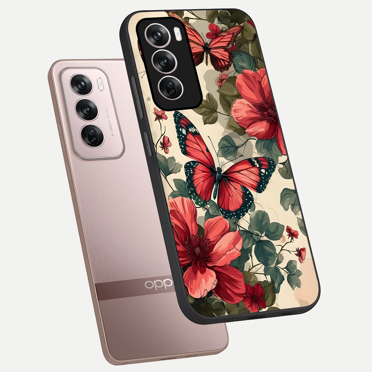  Crimson Butterfly Garden phone case For Oppo Reno 12 Pro showing premium glass back cover with detailed artwork