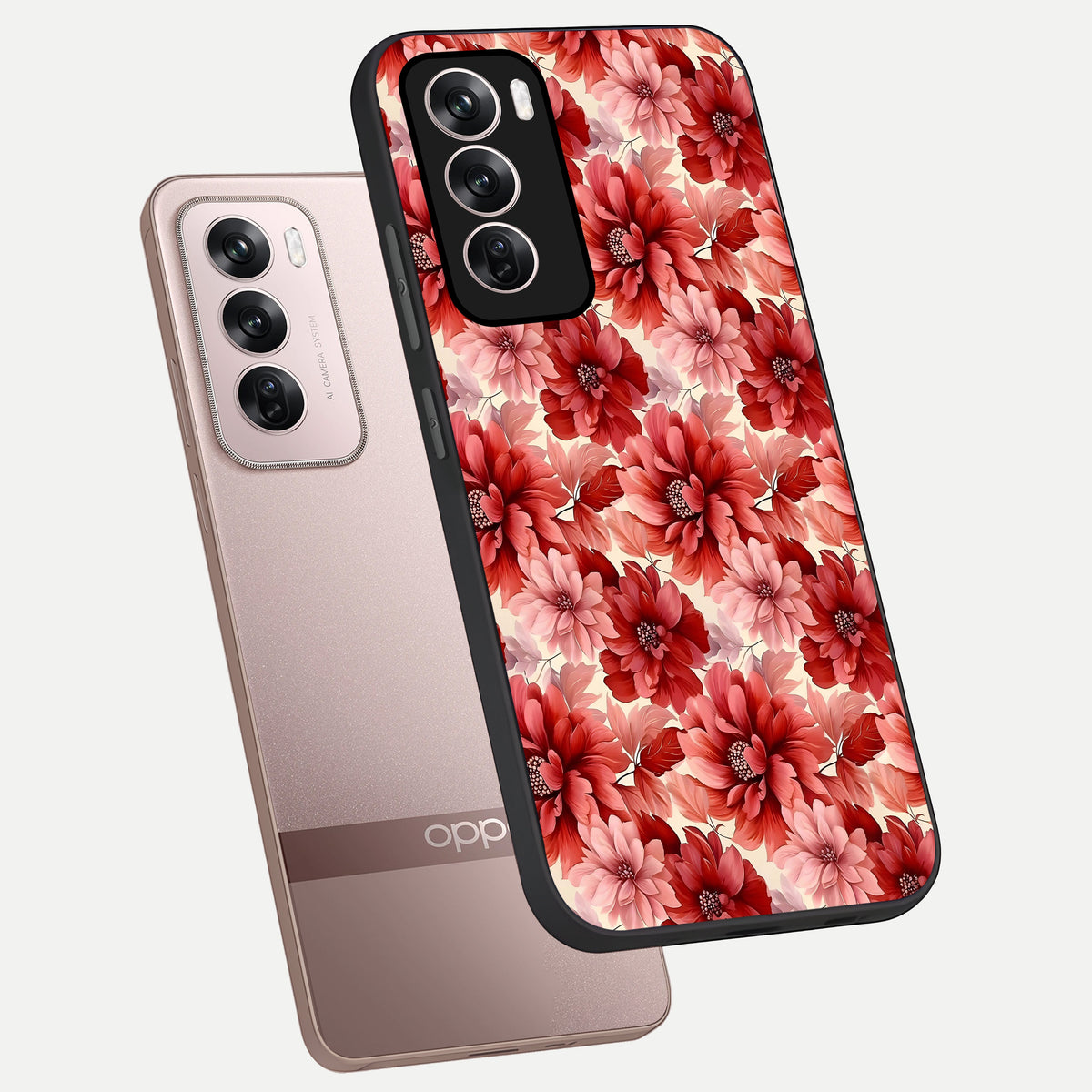 Crimson Love Petals phone case For Oppo Reno 12 Pro showing premium glass back cover with detailed artwork