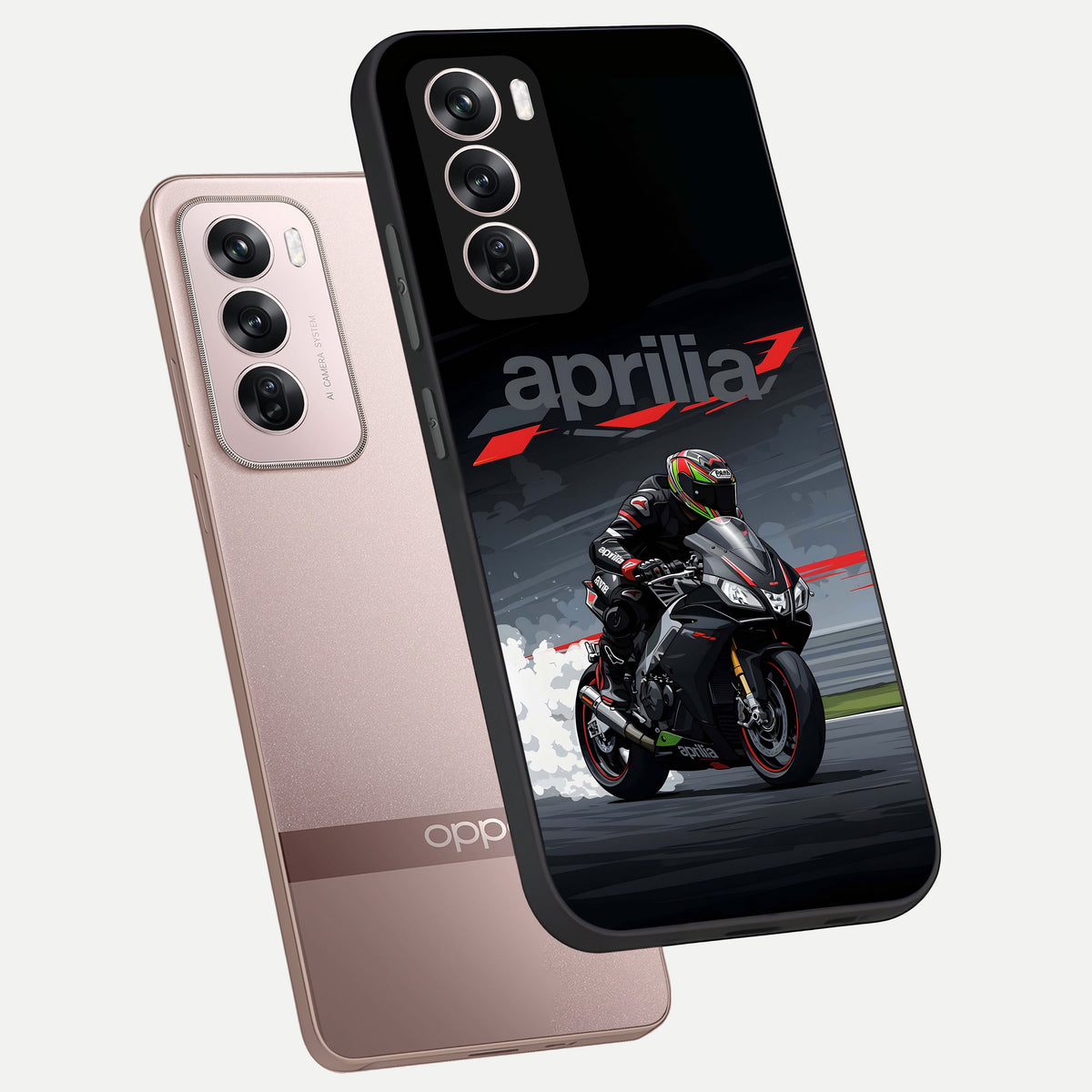  Dark Aprilla phone case For Oppo Reno 12 Pro showing premium glass back cover with detailed artwork