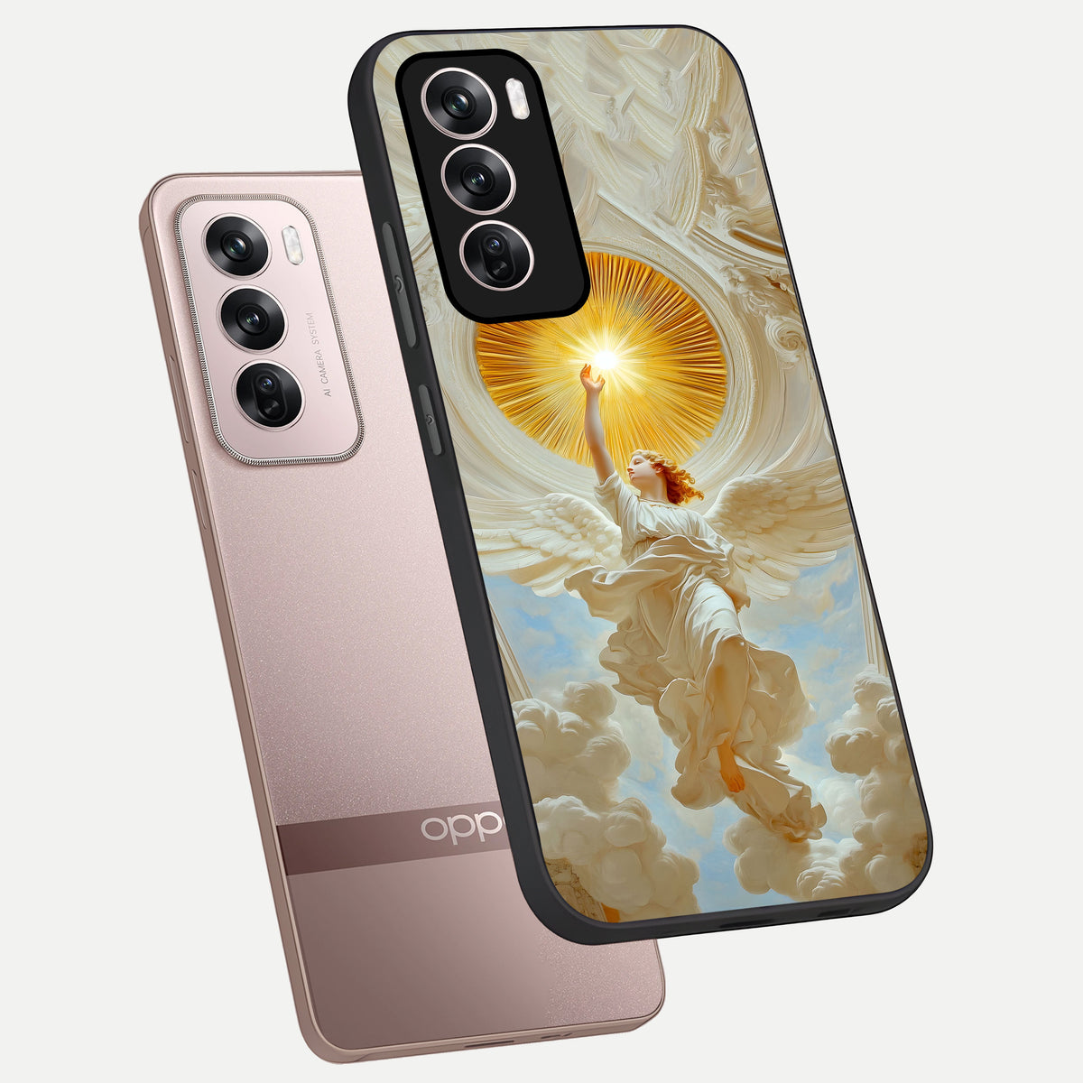  Divine Light Angel phone case For Oppo Reno 12 Pro showing premium glass back cover with detailed artwork