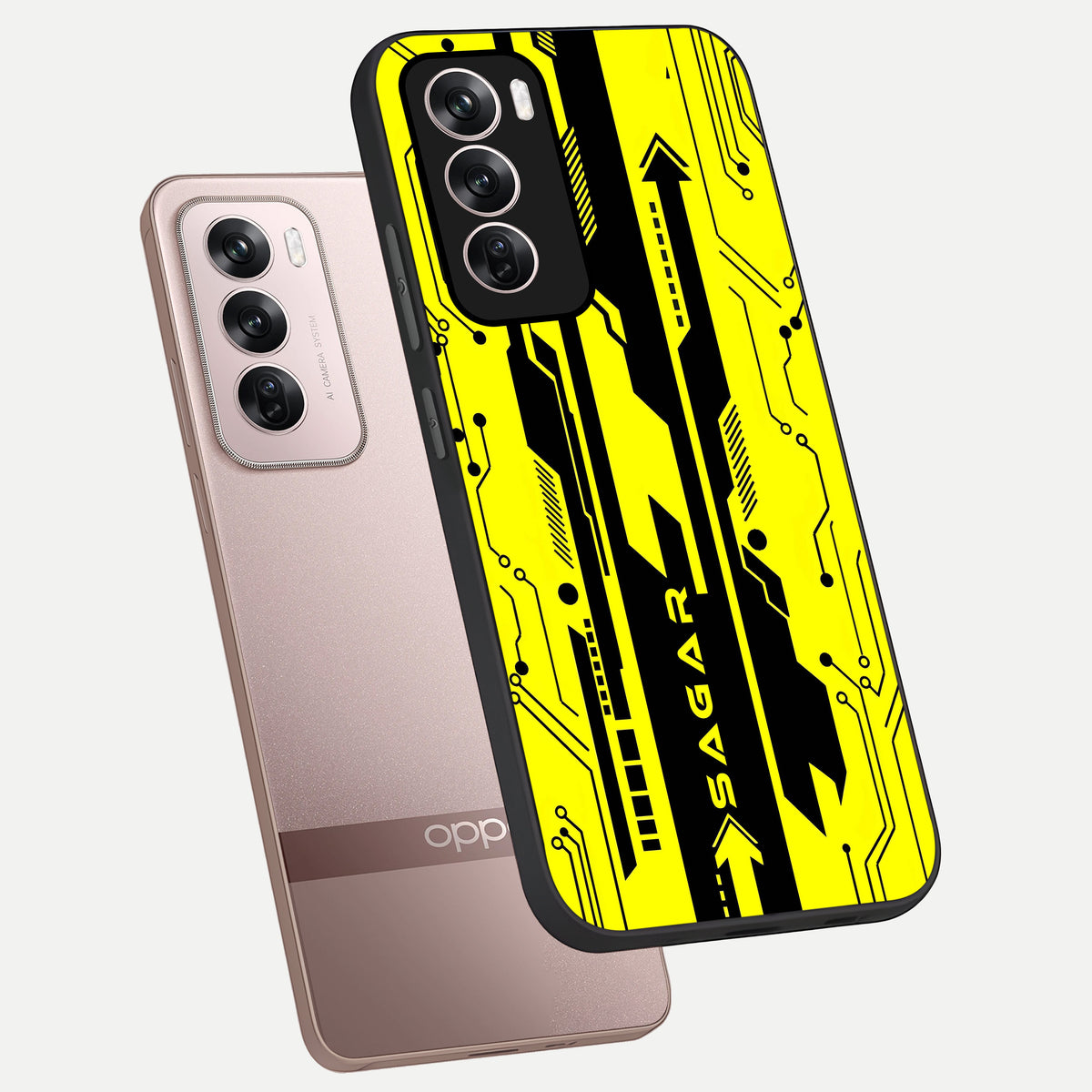  Electric Pulse CYBERPUNK Custom Name phone case For Oppo Reno 12 Pro showing premium glass back cover with detailed artwork