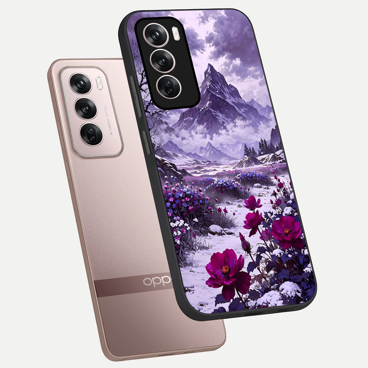  Flower Mountain View phone case For Oppo Reno 12 Pro showing premium glass back cover with detailed artwork
