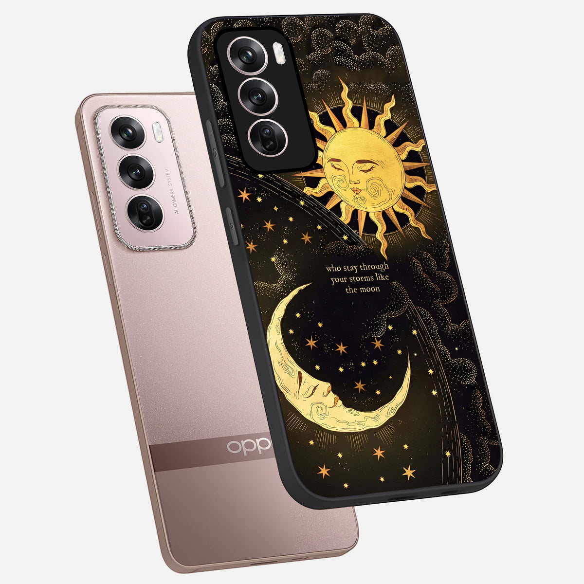  Golden Lunar Love phone case For Oppo Reno 12 Pro showing premium glass back cover with detailed artwork