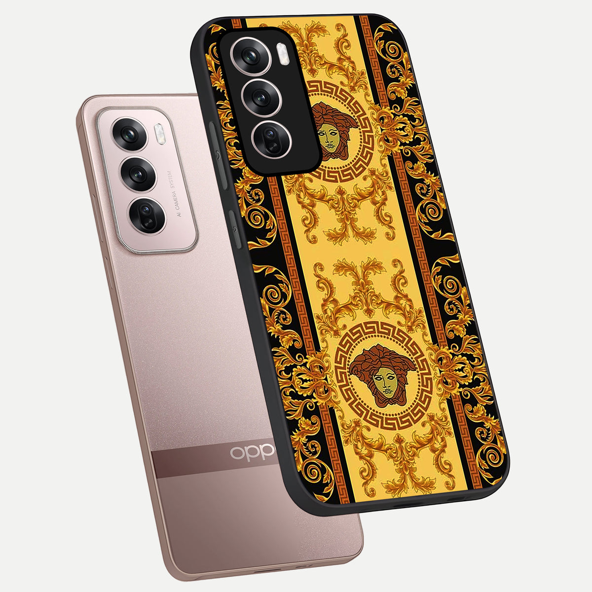  Golden Royal Heritage phone case For Oppo Reno 12 Pro showing premium glass back cover with detailed artwork