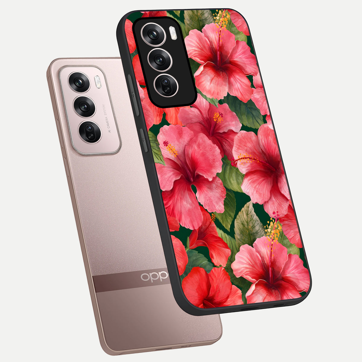  Hibiscus Pattern phone case For Oppo Reno 12 Pro showing premium glass back cover with detailed artwork