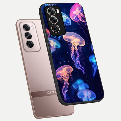  Jellyfish Pattern phone case For Oppo Reno 12 Pro showing premium glass back cover with detailed artwork