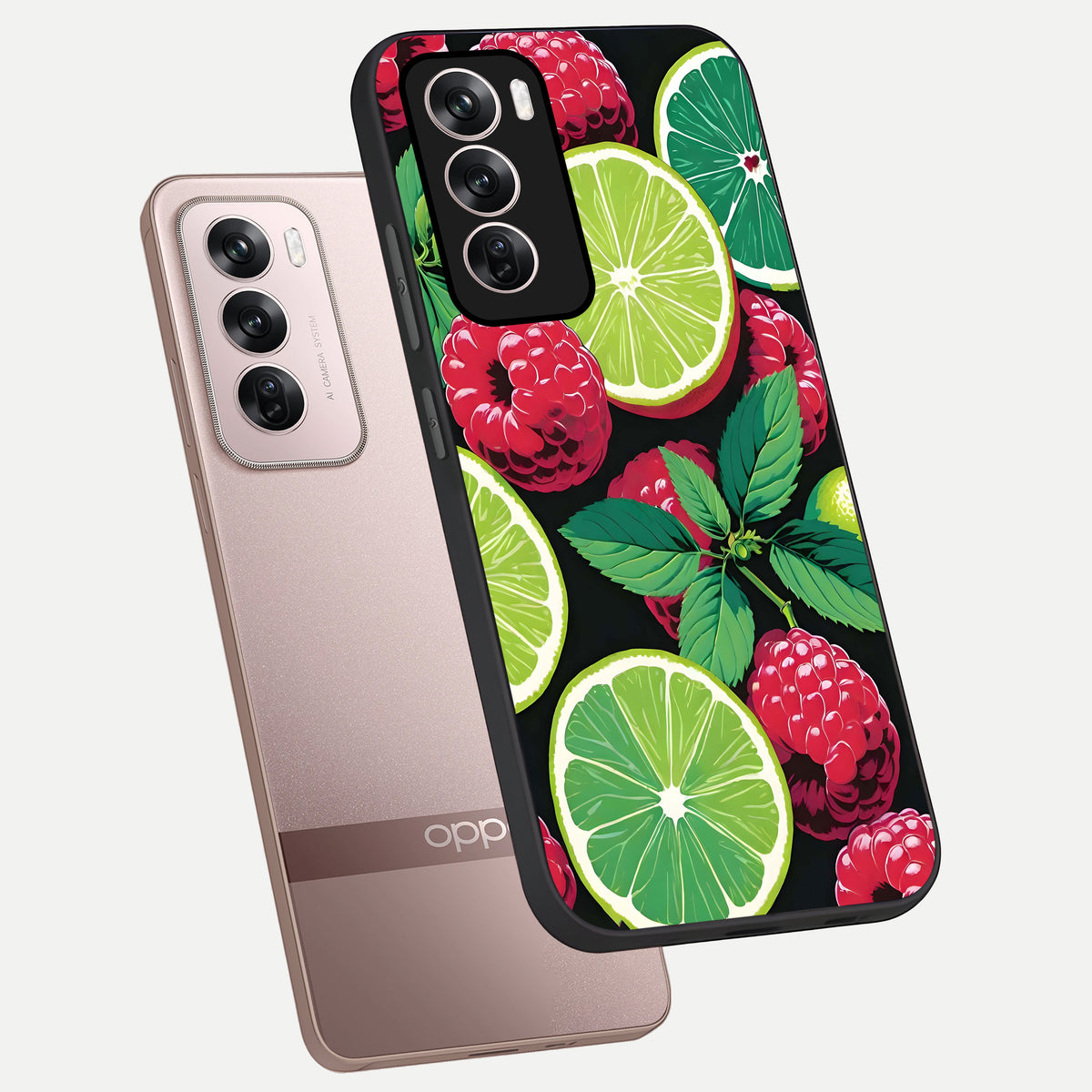  Lime and Raspberry Pattern phone case For Oppo Reno 12 Pro showing premium glass back cover with detailed artwork
