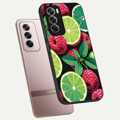  Lime and Raspberry Pattern phone case For Oppo Reno 12 Pro showing premium glass back cover with detailed artwork