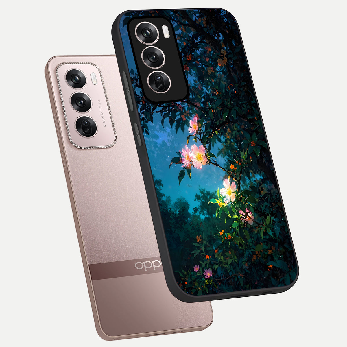  Midnight Bloom Glow phone case For Oppo Reno 12 Pro showing premium glass back cover with detailed artwork