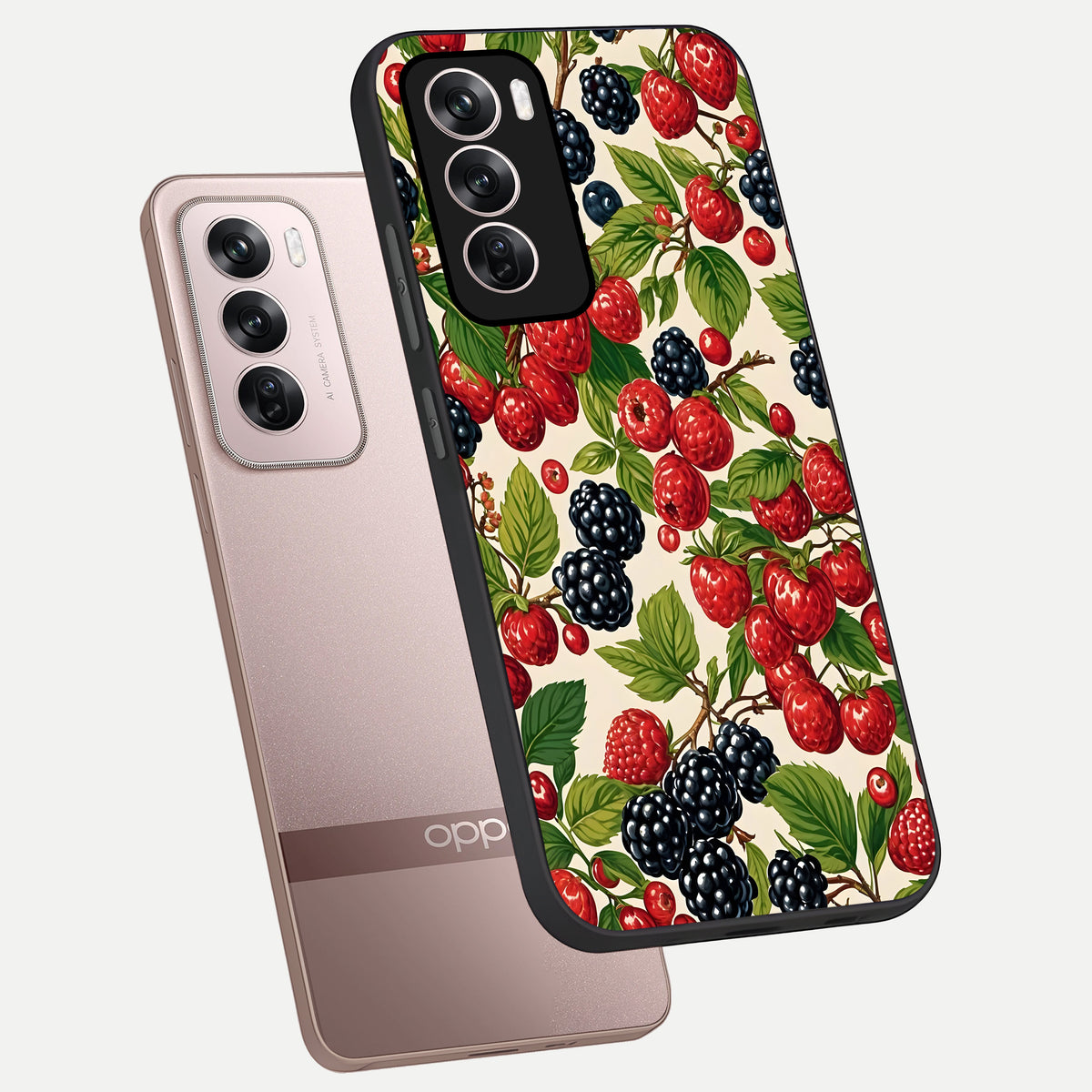  Mixed Berry Collage phone case For Oppo Reno 12 Pro showing premium glass back cover with detailed artwork