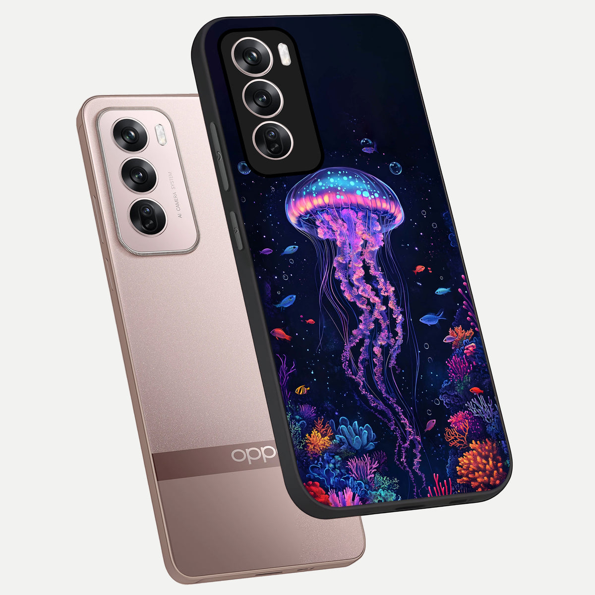 Neon Jellyfish phone case For Oppo Reno 12 Pro showing premium glass back cover with detailed artwork
