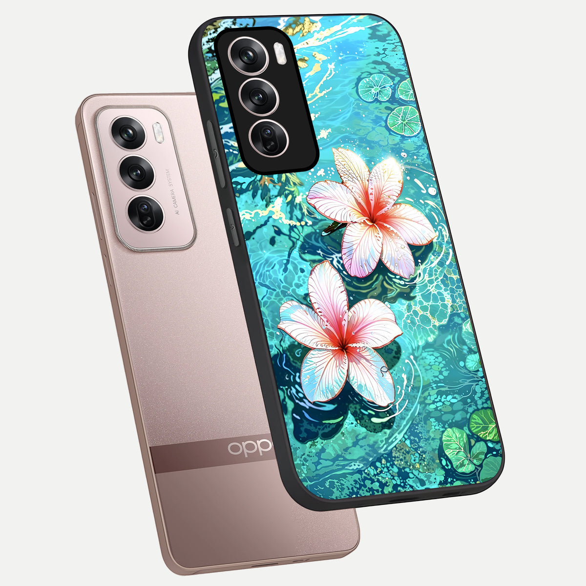  Pink Flowers in Water phone case For Oppo Reno 12 Pro showing premium glass back cover with detailed artwork