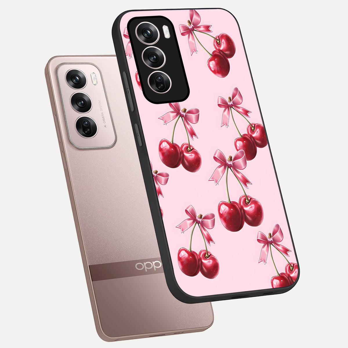  Red Cherries Pattern phone case For Oppo Reno 12 Pro showing premium glass back cover with detailed artwork