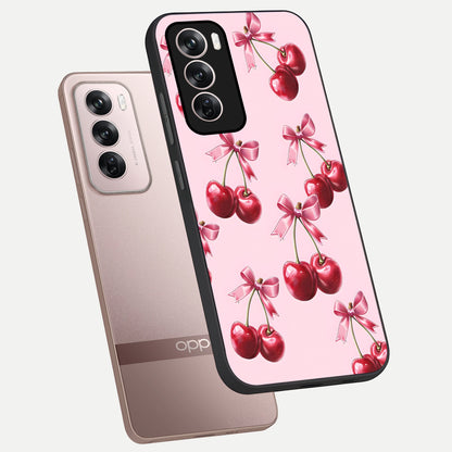  Red Cherries Pattern phone case For Oppo Reno 12 Pro showing premium glass back cover with detailed artwork