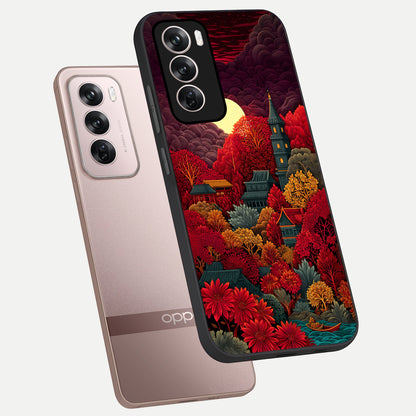  Scarlet Autumn Temple phone case For Oppo Reno 12 Pro showing premium glass back cover with detailed artwork