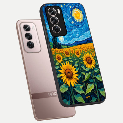  Starry Sunflower Dreams phone case For Oppo Reno 12 Pro showing premium glass back cover with detailed artwork
