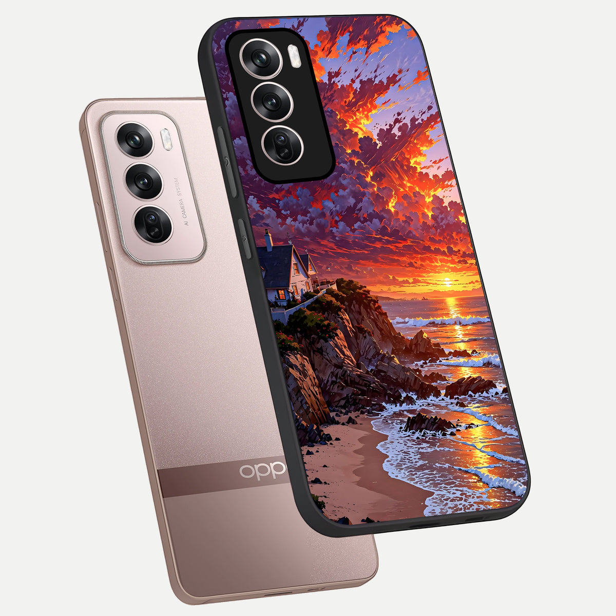  Sunset House By Sea phone case For Oppo Reno 12 Pro showing premium glass back cover with detailed artwork