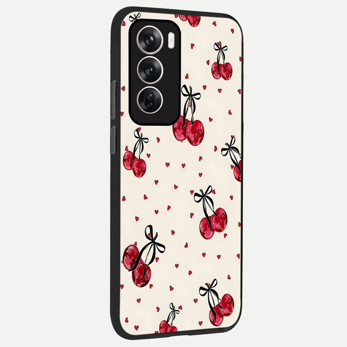  Cherry Heart Bow back cover For Oppo Reno 12 Pro slim fit glass case with vibrant aesthetic design