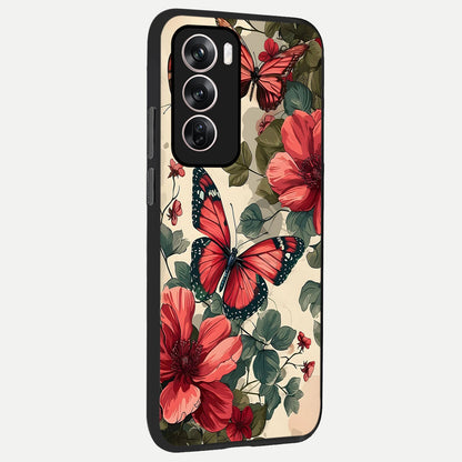  Crimson Butterfly Garden back cover For Oppo Reno 12 Pro slim fit glass case with vibrant aesthetic design