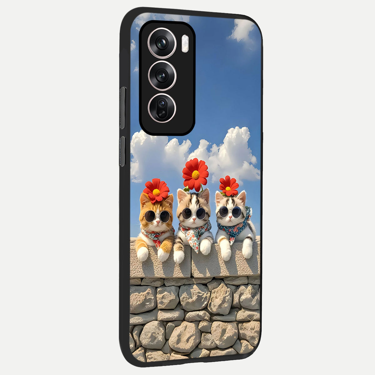  Floral Kitty Squad back cover For Oppo Reno 12 Pro slim fit glass case with vibrant aesthetic design