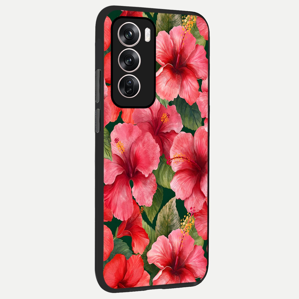  Hibiscus Pattern back cover For Oppo Reno 12 Pro slim fit glass case with vibrant aesthetic design