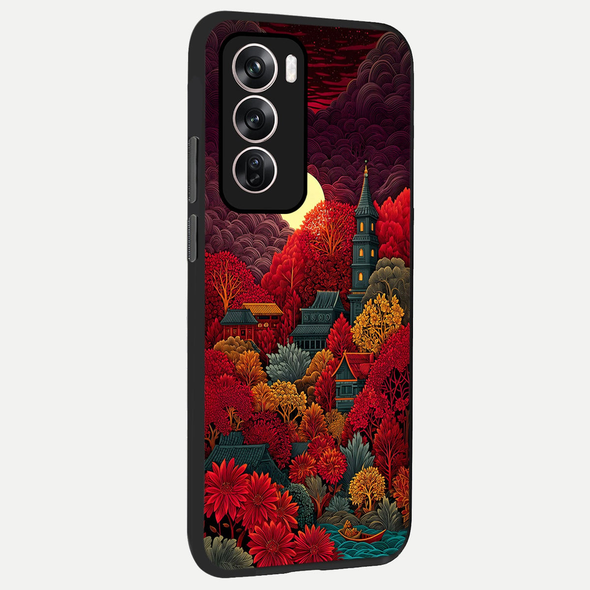  Scarlet Autumn Temple back cover For Oppo Reno 12 Pro slim fit glass case with vibrant aesthetic design