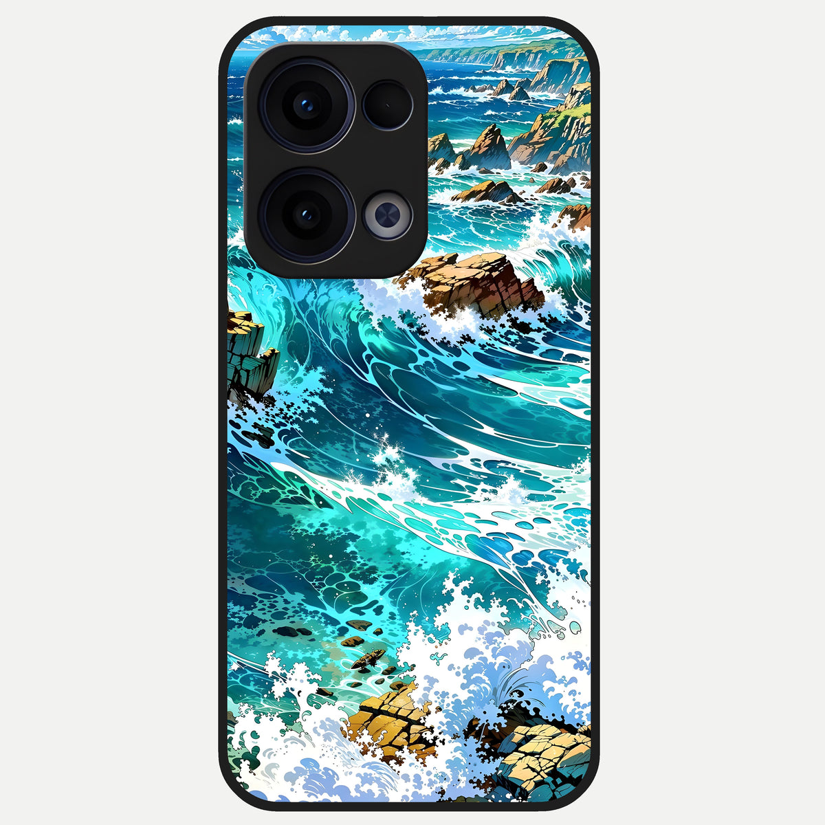  Coastal Blue Waves Glass Case For Oppo Reno 13 back cover – full design glossy printed glass finish