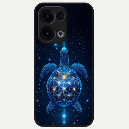  Crimson Blue Turtle Glass Case For Oppo Reno 13 back cover – full design glossy printed glass finish