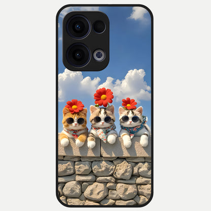 Floral Kitty Squad Glass Case For Oppo Reno 13 back cover – full design glossy printed glass finish