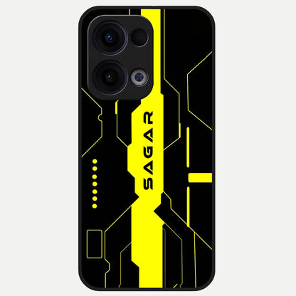  Neon CYBERPUNK Custom Name Glass Case For Oppo Reno 13 back cover – full design glossy printed glass finish