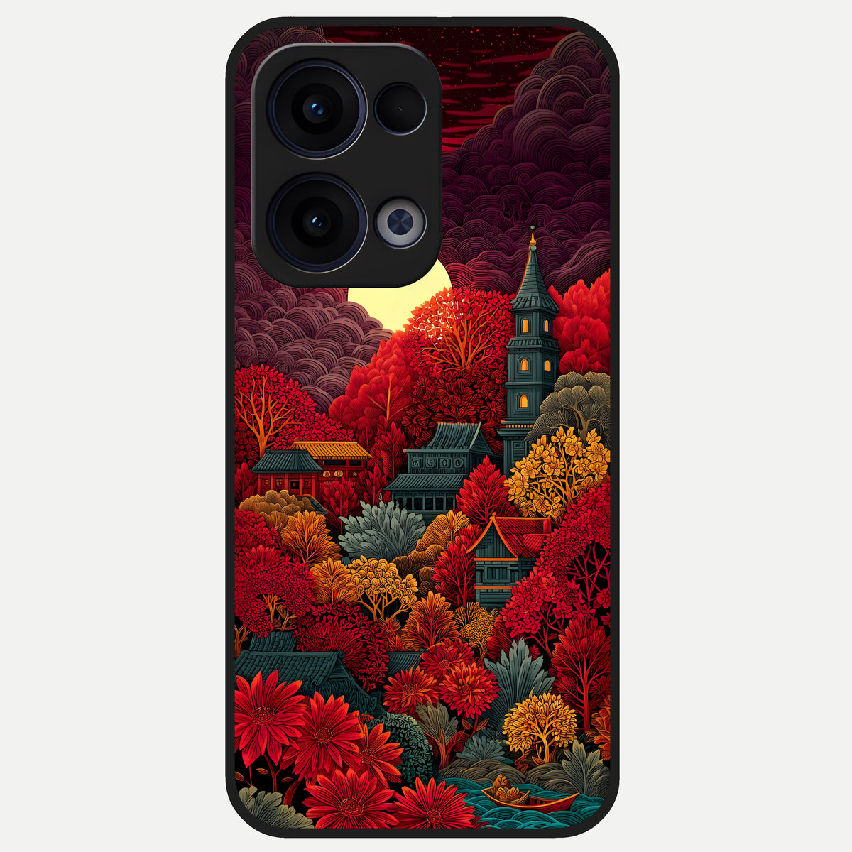  Scarlet Autumn Temple Glass Case For Oppo Reno 13 back cover – full design glossy printed glass finish