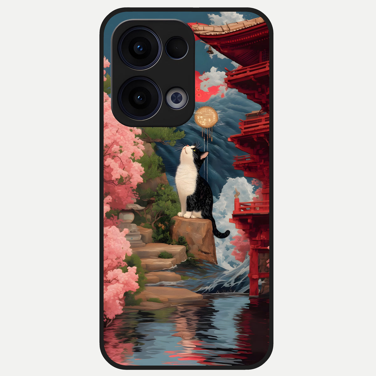  Temple Cat Scenery Glass Case For Oppo Reno 13 back cover – full design glossy printed glass finish
