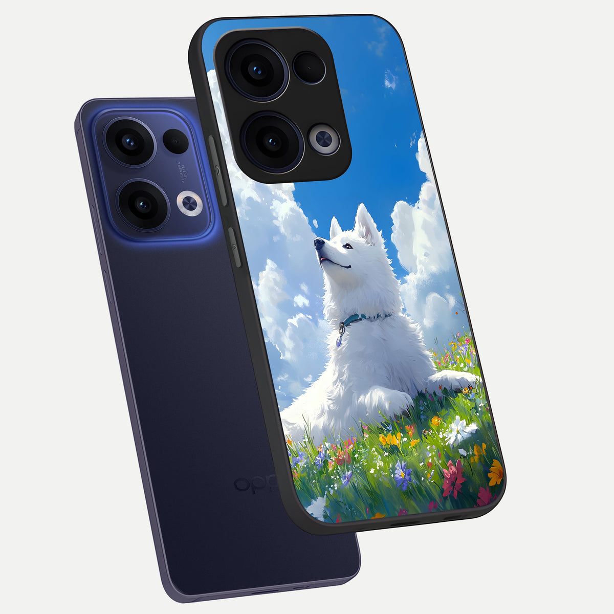  Blissful Cloud Pup phone case For Oppo Reno 13 showing premium glass back cover with detailed artwork
